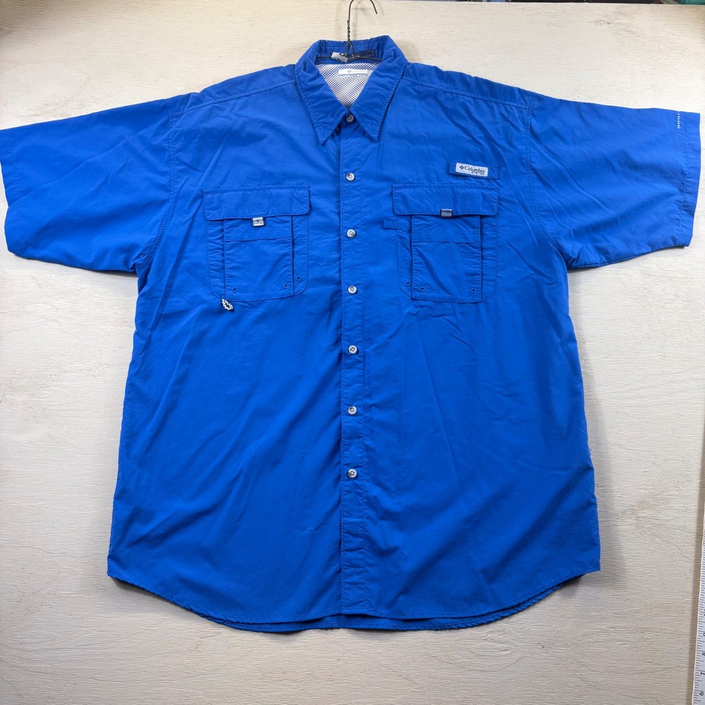 Columbia Mens XLT Bahama Short Sleeve Fishing Shirt Blue Gorpcore Preppy Sporty